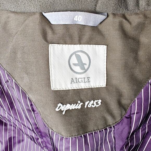 Aigle Brown Hooded Jacket Purple Lining 4 Pocket Women’s Size 40 M - Picture 7 of 9